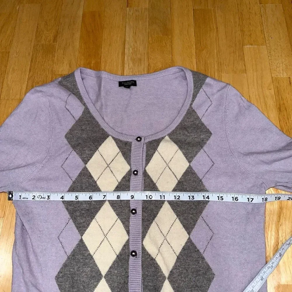 Talbots Womens Lambswool Angora Blend Purple Argyle Sweater Cardigan Cozy Chic‎